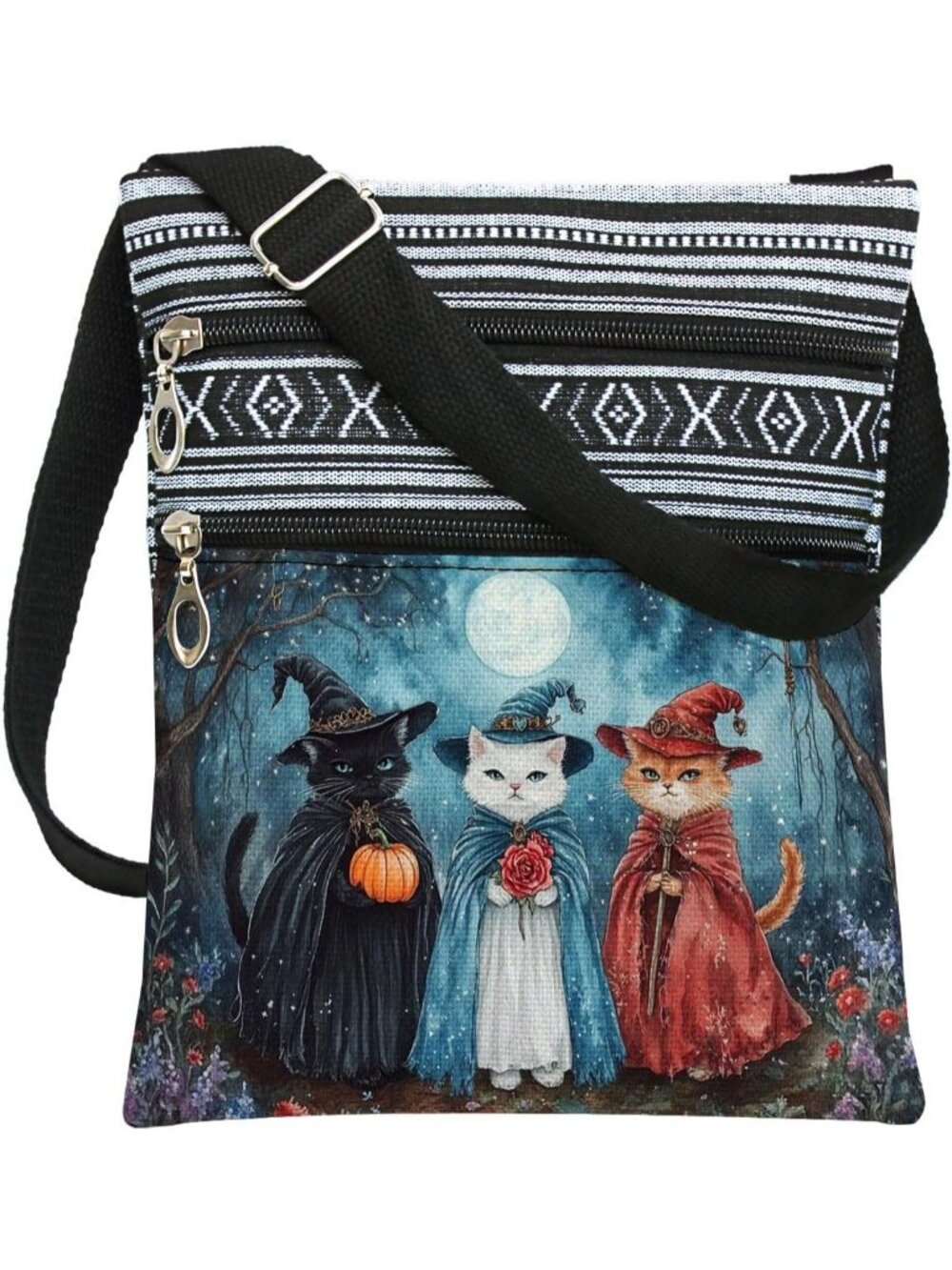 Womens Blue Black Halloween Pumpkin Bat Goth Skull Witch Shoulder Crossbody Bag